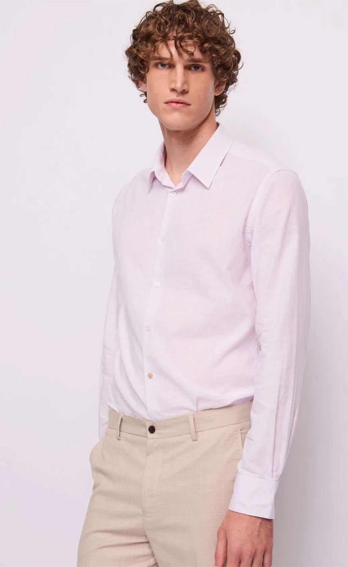 Camicia slim rosa in cotone e lino