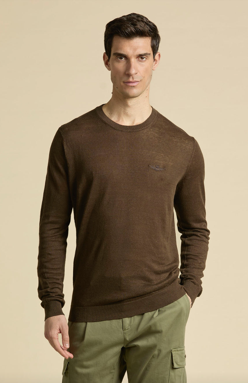 Pullover Aeronautica Militare girocollo rasato in lino
